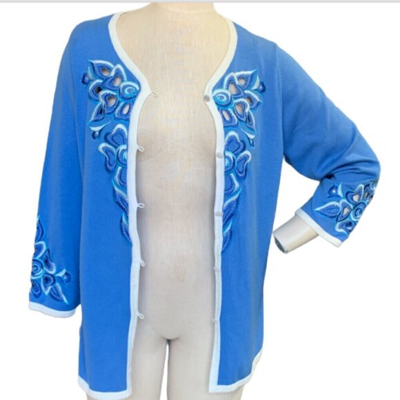 VTG Designer Bob Mackie Floral Embroidery Cutout Cardigan Sweater M Blue #48B - Picture 4 of 10